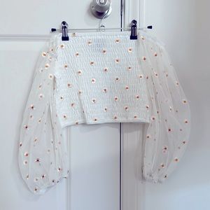 Cropped Off-Shoulder Top with Mesh Sleeves